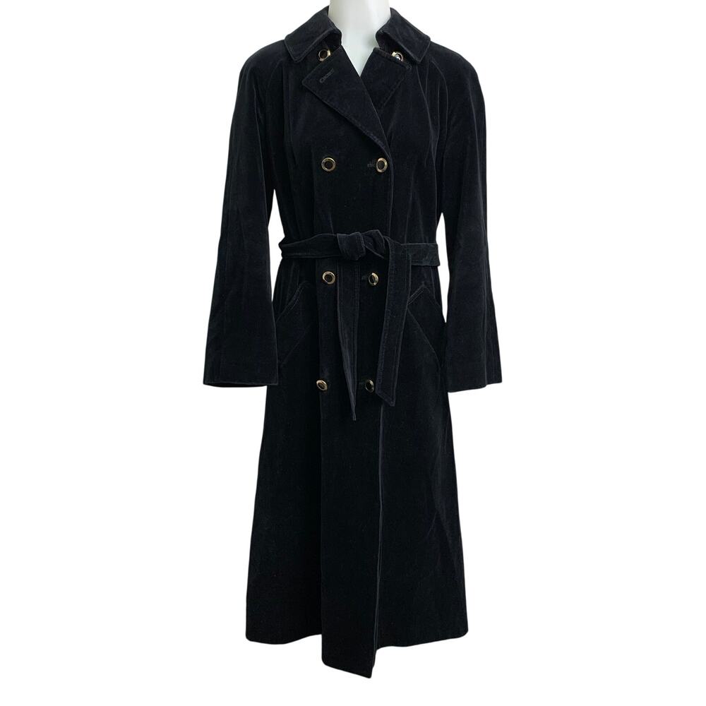 VTG Surrey Classis Womens Small Black Velvet Trench Coat Button Double Breasted